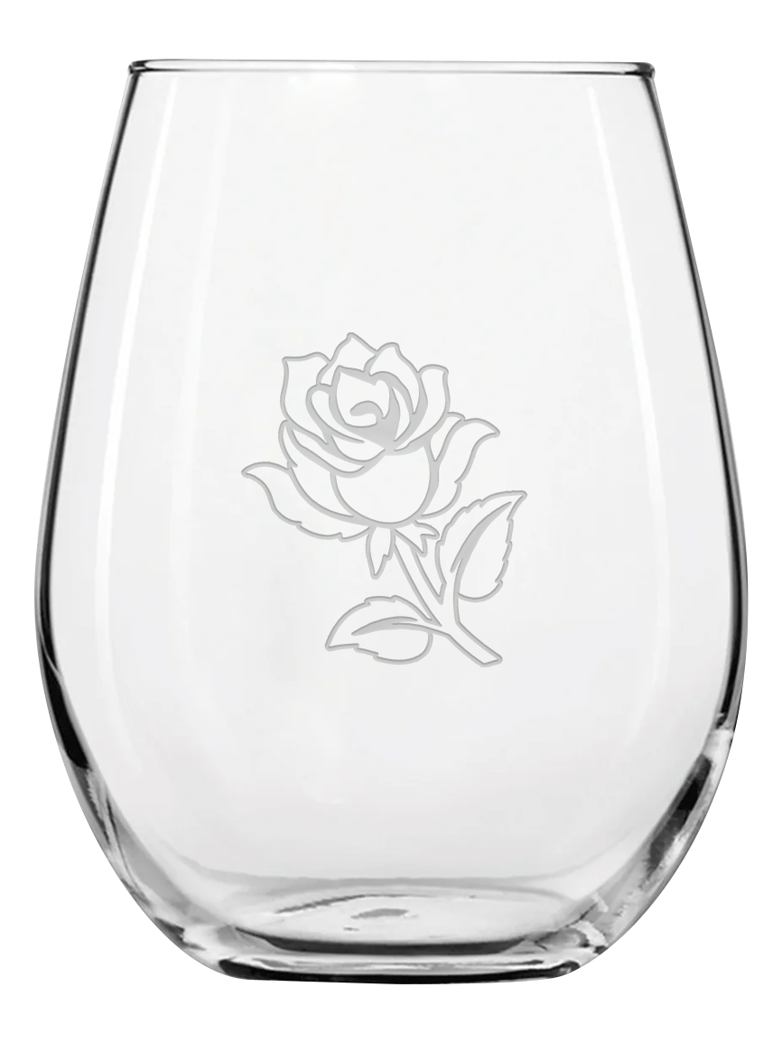 Stemless Wine Glass Rose Etching